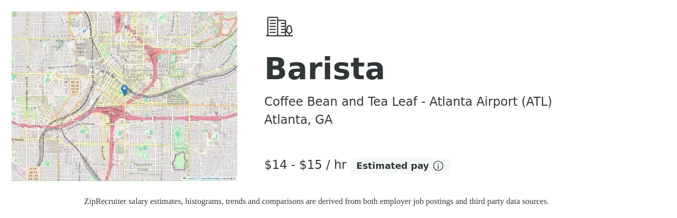 Coffee Bean and Tea Leaf - Atlanta Airport (ATL) job posting for a Barista in Atlanta, GA with a salary of $15 to $16 Hourly with a map of Atlanta location.