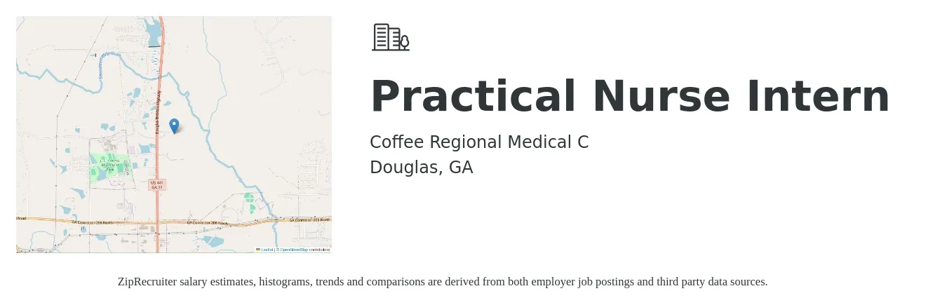 Coffee Regional Medical C job posting for a Practical Nurse Intern in Douglas, GA with a salary of $20 to $26 Hourly with a map of Douglas location.