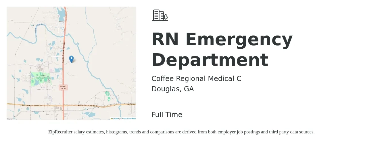Coffee Regional Medical C job posting for a RN Emergency Department in Douglas, GA with a salary of $28 to $43 Hourly with a map of Douglas location.