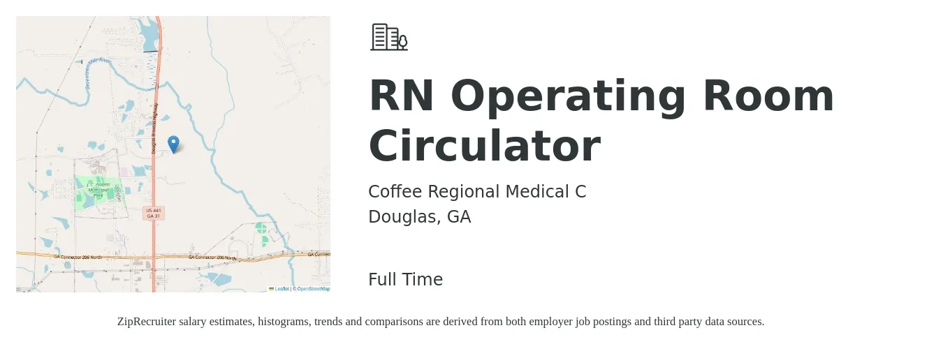 Coffee Regional Medical C job posting for a RN Operating Room Circulator in Douglas, GA with a salary of $1,610 to $2,510 Weekly with a map of Douglas location.