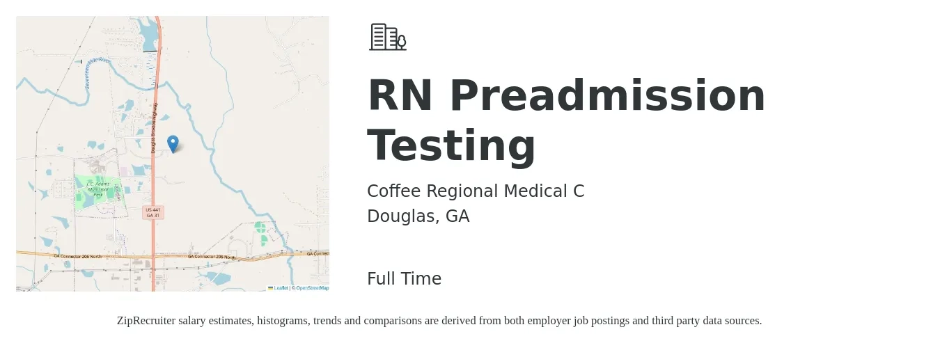 Coffee Regional Medical C job posting for a RN Preadmission Testing in Douglas, GA with a salary of $26 to $42 Hourly with a map of Douglas location.