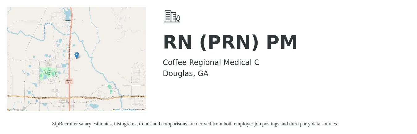 Coffee Regional Medical C job posting for a RN (PRN) PM in Douglas, GA with a salary of $28 to $43 Hourly with a map of Douglas location.