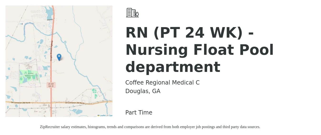 Coffee Regional Medical C job posting for a RN (PT 24 WK) - Nursing Float Pool department in Douglas, GA with a salary of $26 to $42 Hourly with a map of Douglas location.
