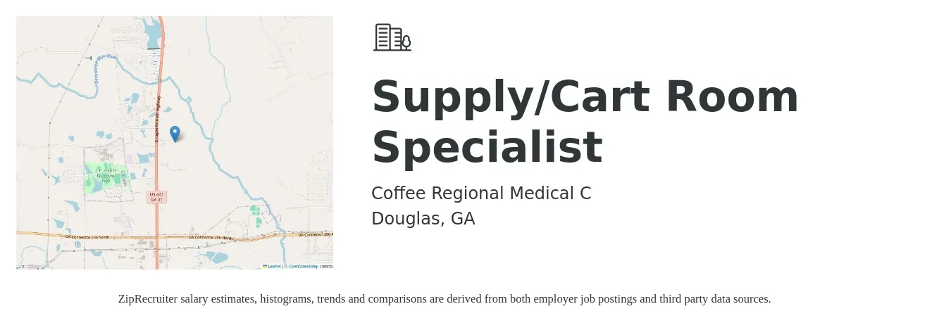 Coffee Regional Medical C job posting for a Supply/Cart Room Specialist in Douglas, GA with a salary of $14 to $25 Hourly with a map of Douglas location.