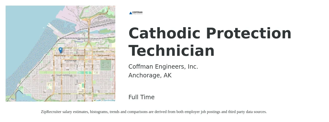Coffman Engineers, Inc. job posting for a Cathodic Protection Technician in Anchorage, AK with a salary of $20 to $33 Hourly with a map of Anchorage location.