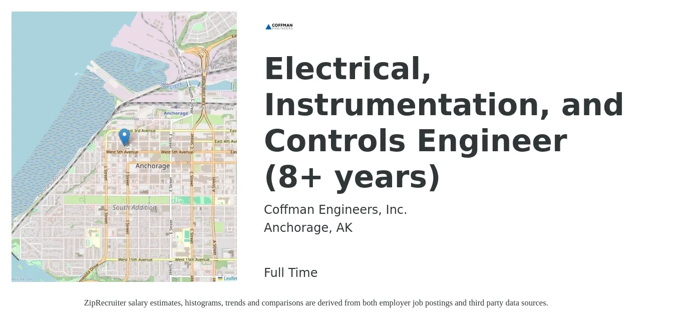 Coffman Engineers, Inc. job posting for a Electrical, Instrumentation, and Controls Engineer (8+ years) in Anchorage, AK with a salary of $81,700 to $109,200 Yearly with a map of Anchorage location.