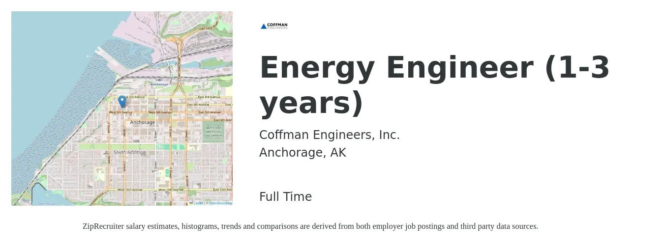 Coffman Engineers, Inc. job posting for a Energy Engineer (1-3 years) in Anchorage, AK with a salary of $80,700 to $115,900 Yearly with a map of Anchorage location.