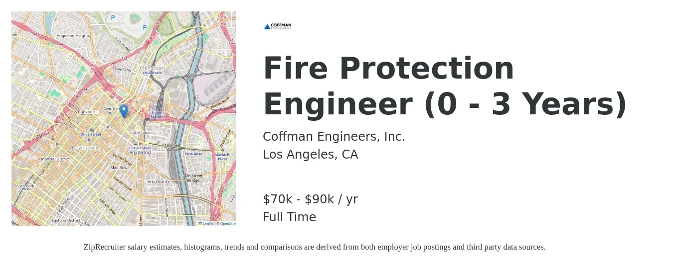 Coffman Engineers, Inc. job posting for a Fire Protection Engineer (0 - 3 Years) in Los Angeles, CA with a salary of $70,000 to $90,000 Yearly with a map of Los Angeles location.