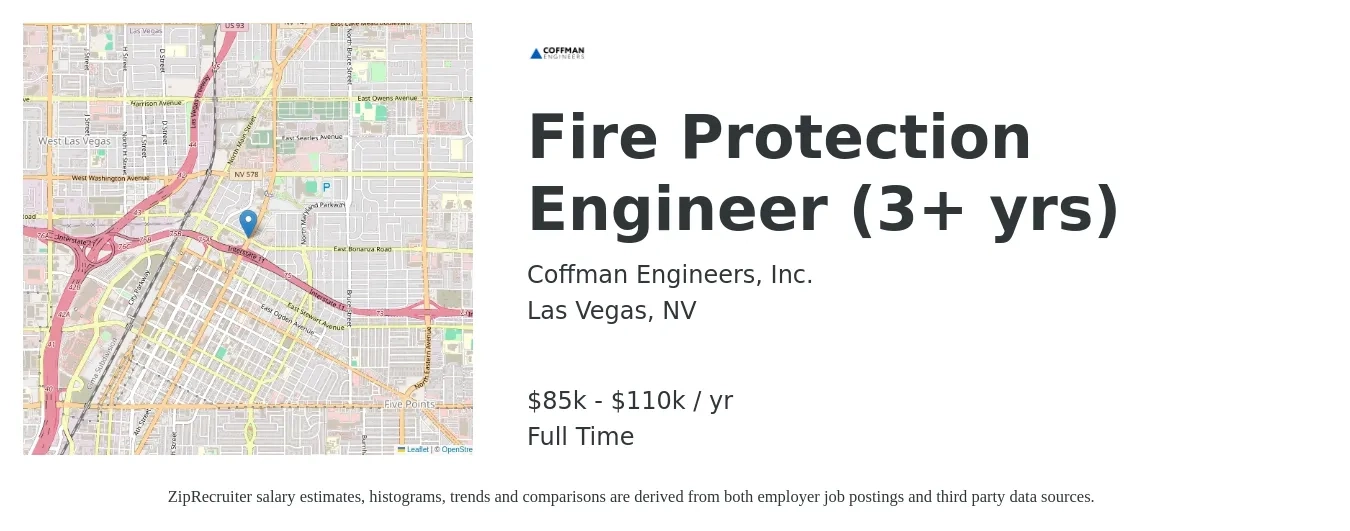Coffman Engineers, Inc. job posting for a Fire Protection Engineer (3+ yrs) in Las Vegas, NV with a salary of $85,000 to $110,000 Yearly with a map of Las Vegas location.