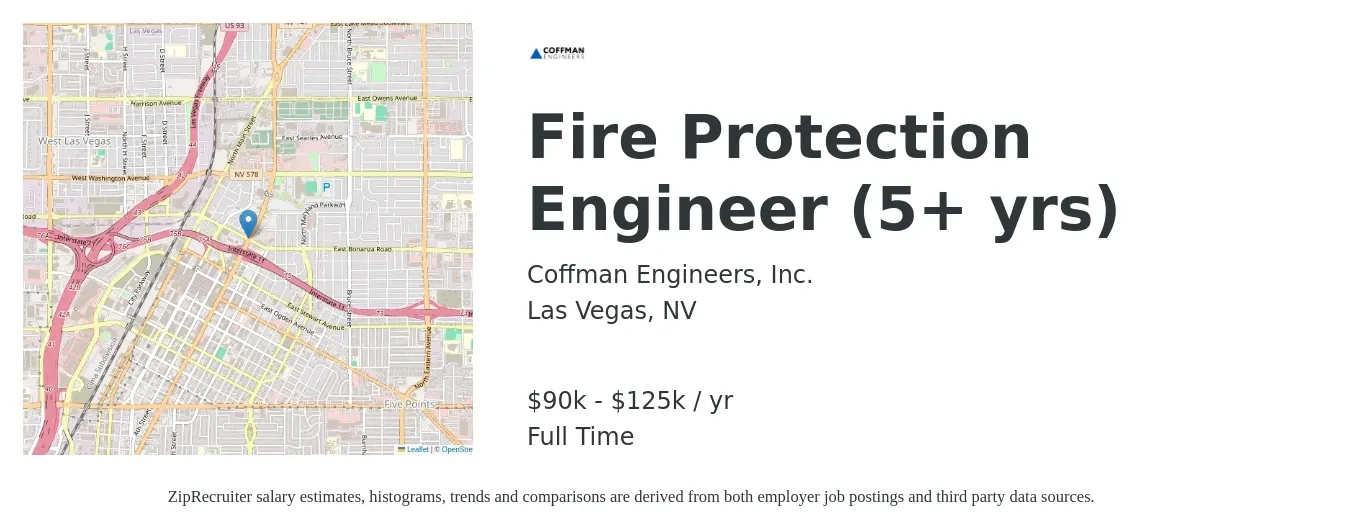 Coffman Engineers, Inc. job posting for a Fire Protection Engineer (5+ yrs) in Las Vegas, NV with a salary of $90,000 to $125,000 Yearly with a map of Las Vegas location.