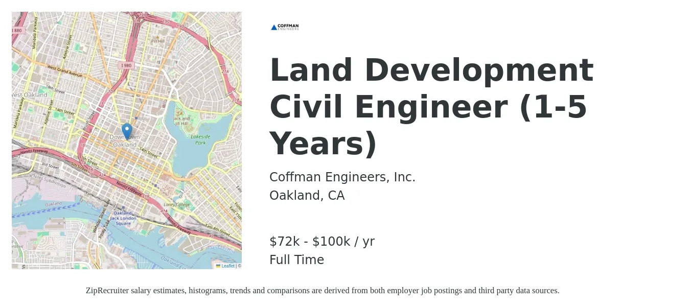 Coffman Engineers, Inc. job posting for a Land Development Civil Engineer (1-5 Years) in Oakland, CA with a salary of $72,000 to $100,000 Yearly with a map of Oakland location.