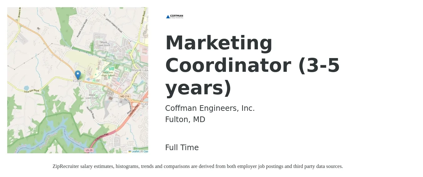 Coffman Engineers, Inc. job posting for a Marketing Coordinator (3-5 years) in Fulton, MD with a salary of $41,500 to $57,100 Yearly with a map of Fulton location.