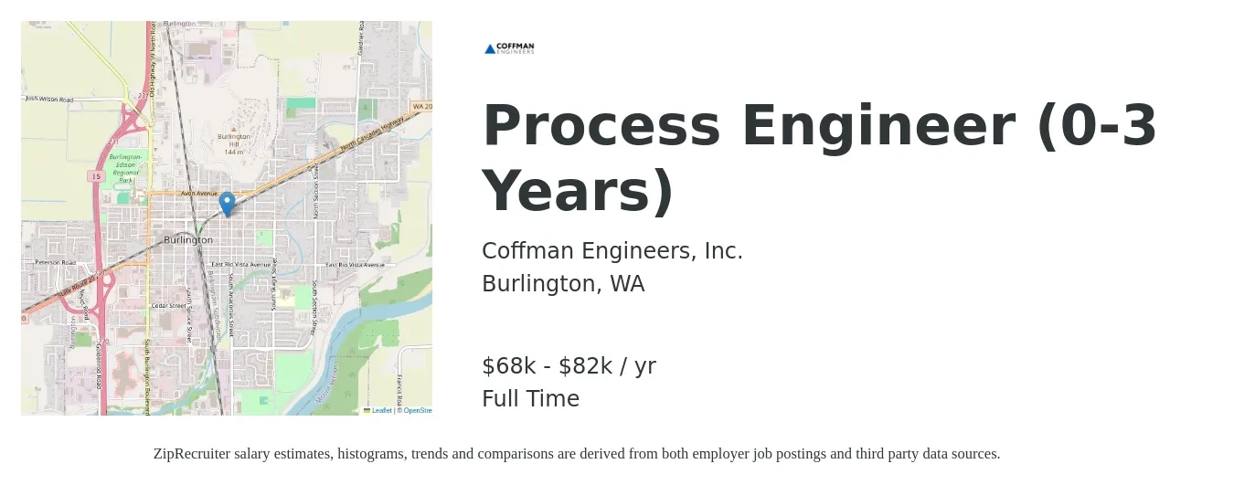 Coffman Engineers, Inc. job posting for a Process Engineer (0-3 Years) in Burlington, WA with a salary of $68,000 to $82,000 Yearly with a map of Burlington location.