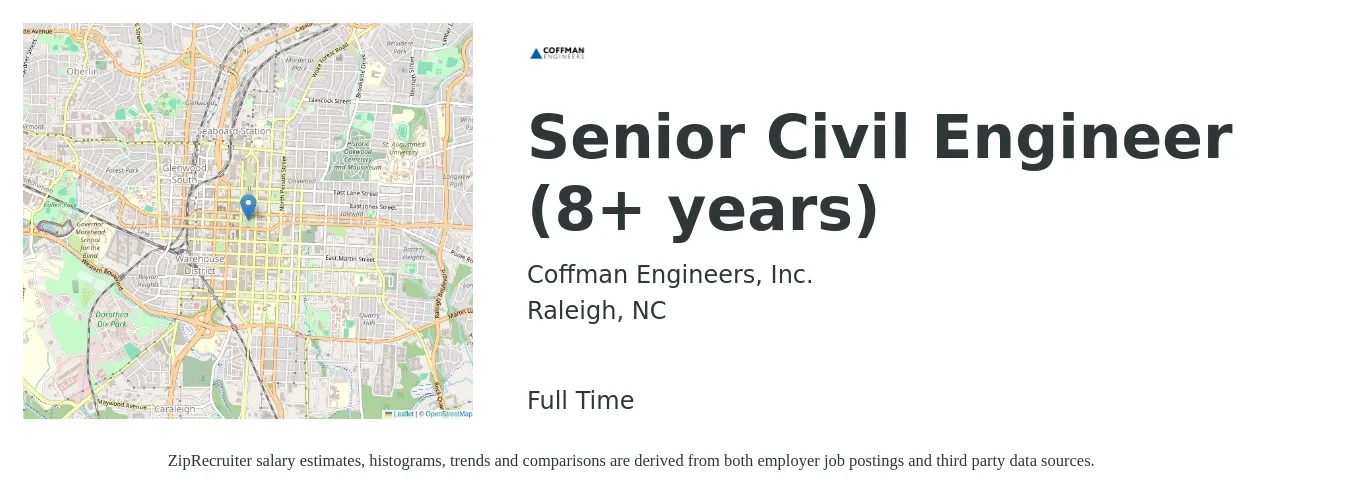 Coffman Engineers, Inc. job posting for a Senior Civil Engineer (8+ years) in Raleigh, NC with a salary of $75,900 to $113,000 Yearly with a map of Raleigh location.