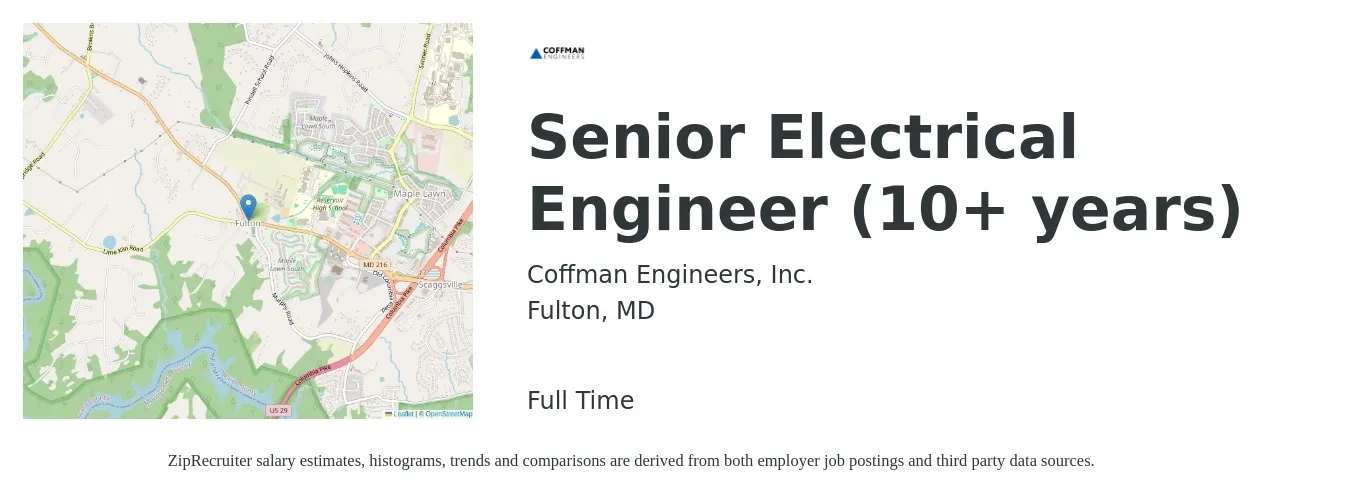 Coffman Engineers, Inc. job posting for a Senior Electrical Engineer (10+ years) in Fulton, MD with a salary of $105,000 to $136,700 Yearly with a map of Fulton location.