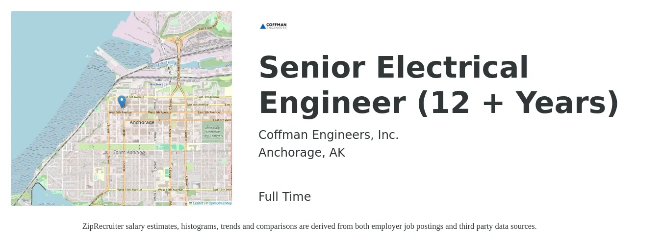 Coffman Engineers, Inc. job posting for a Senior Electrical Engineer (12 + Years) in Anchorage, AK with a salary of $109,800 to $142,900 Yearly with a map of Anchorage location.