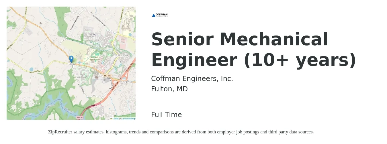 Coffman Engineers, Inc. job posting for a Senior Mechanical Engineer (10+ years) in Fulton, MD with a salary of $102,100 to $134,800 Yearly with a map of Fulton location.