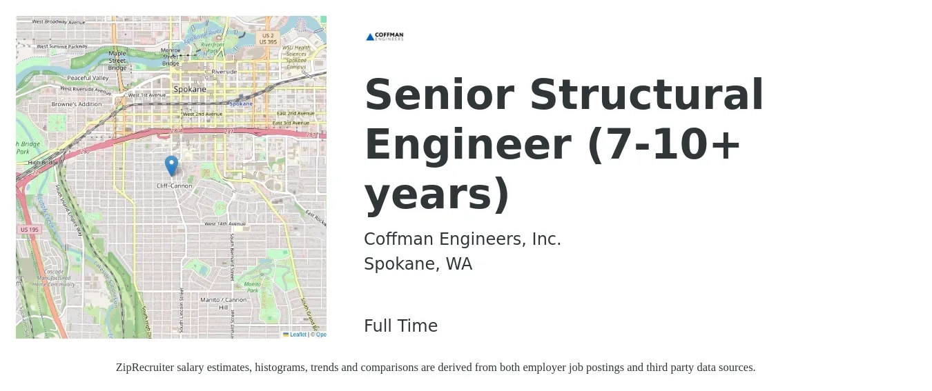 Coffman Engineers, Inc. job posting for a Senior Structural Engineer (7-10+ years) in Spokane, WA with a salary of $100,000 to $115,000 Yearly with a map of Spokane location.