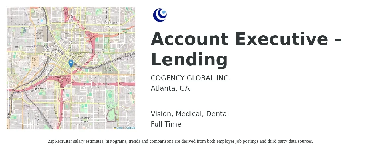 COGENCY GLOBAL INC. job posting for a Account Executive - Lending in Atlanta, GA with a salary of $51,900 to $91,400 Yearly and benefits including vision, dental, and medical with a map of Atlanta location.