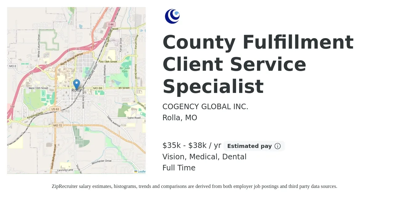 COGENCY GLOBAL INC. job posting for a County Fulfillment Client Service Specialist in Rolla, MO with a salary of $35,000 to $38,000 Yearly and benefits including dental, medical, and vision with a map of Rolla location.