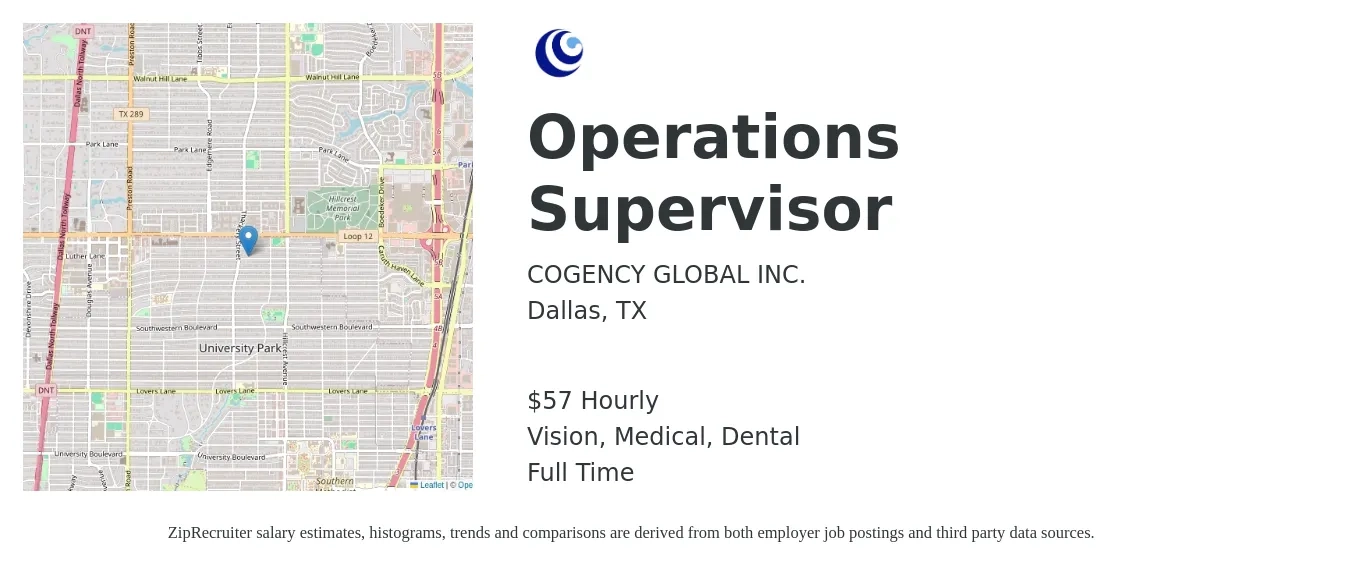 COGENCY GLOBAL INC. job posting for a Operations Supervisor in Dallas, TX with a salary of $60 Hourly and benefits including medical, vision, and dental with a map of Dallas location.