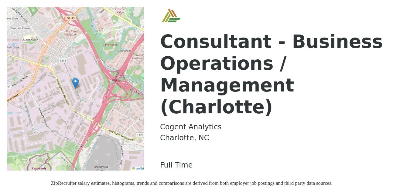 Cogent Analytics job posting for a Consultant - Business Operations / Management (Charlotte) in Charlotte, NC with a salary of $132,300 to $140,200 Yearly with a map of Charlotte location.