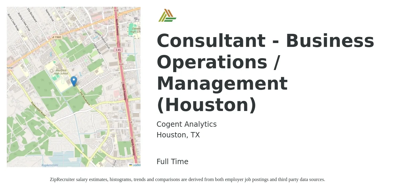 Cogent Analytics job posting for a Consultant - Business Operations / Management (Houston) in Houston, TX with a salary of $129,300 to $137,000 Yearly with a map of Houston location.