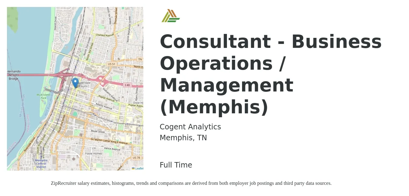 Cogent Analytics job posting for a Consultant - Business Operations / Management (Memphis) in Memphis, TN with a salary of $131,800 to $139,600 Yearly with a map of Memphis location.