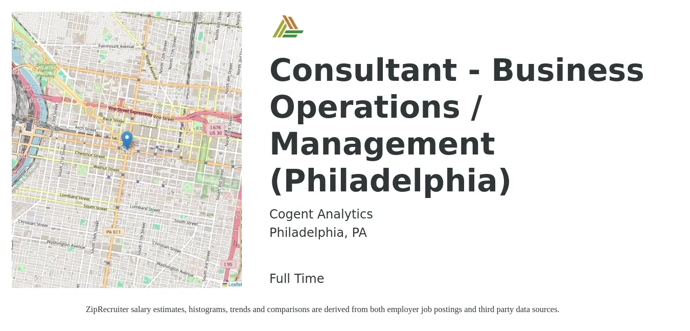 Cogent Analytics job posting for a Consultant - Business Operations / Management (Philadelphia) in Philadelphia, PA with a salary of $129,500 to $137,100 Yearly with a map of Philadelphia location.