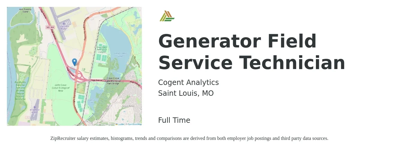 Cogent Analytics job posting for a Generator Field Service Technician in Saint Louis, MO with a salary of $20 to $29 Hourly with a map of Saint Louis location.