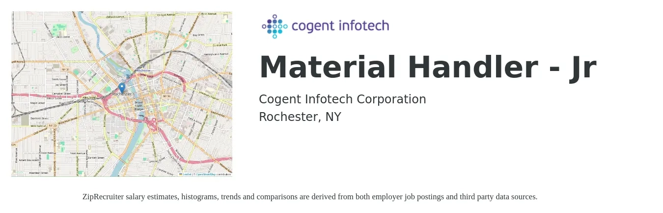 Cogent Infotech Corp job posting for a Material Handler - Jr in Rochester, NY with a salary of $16 to $20 Hourly with a map of Rochester location.