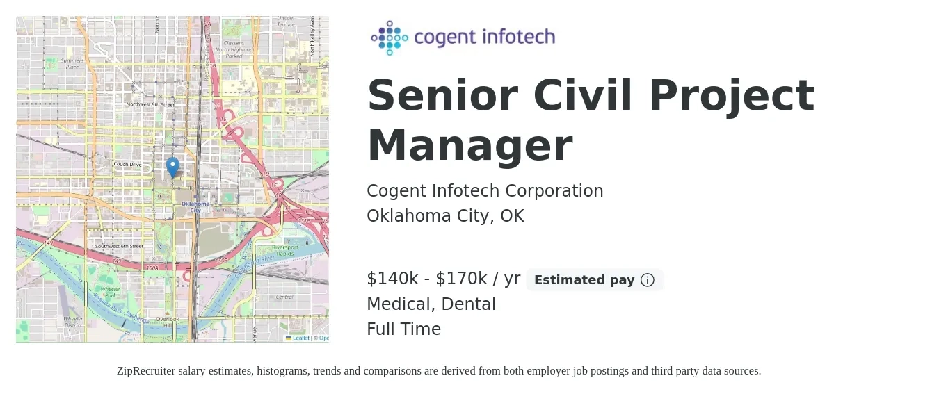 Cogent Infotech Corporation job posting for a Senior Civil Project Manager in Oklahoma City, OK with a salary of $140,000 to $170,000 Yearly and benefits including dental, life_insurance, medical, and pto with a map of Oklahoma City location.