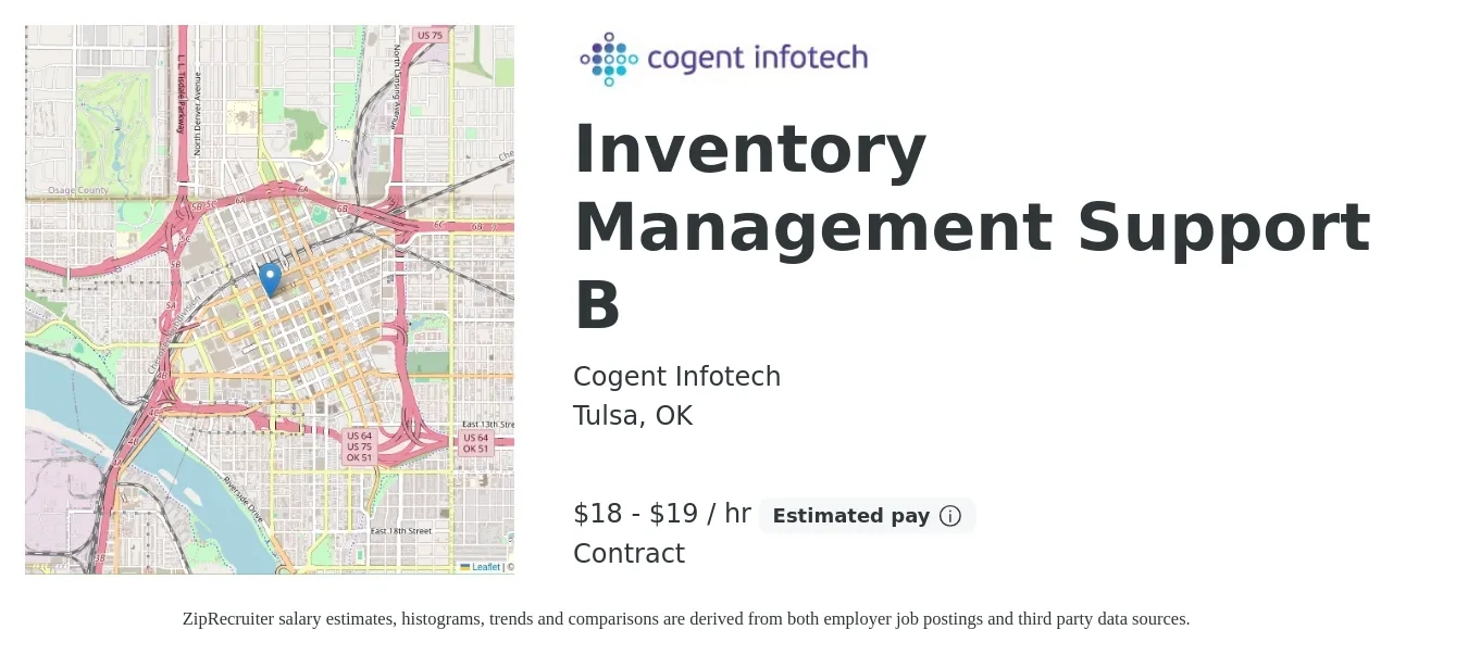 Cogent Infotech Corporation job posting for a Inventory Management Support B in Tulsa, OK with a salary of $19 to $20 Hourly with a map of Tulsa location.