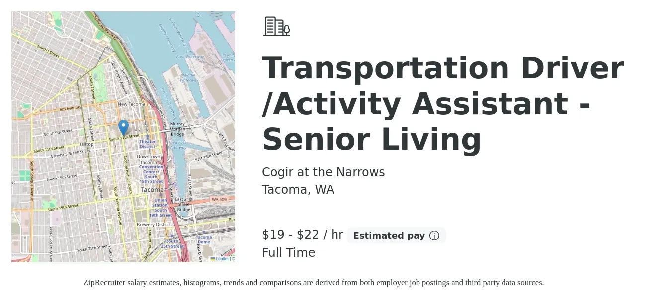 Cogir at the Narrows job posting for a Transportation Driver /Activity Assistant - Senior Living in Tacoma, WA with a salary of $20 to $23 Hourly with a map of Tacoma location.