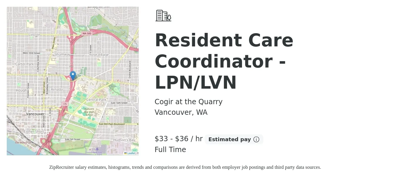 Cogir at the Quarry job posting for a Resident Care Coordinator - LPN/LVN in Vancouver, WA with a salary of $22 to $28 Hourly with a map of Vancouver location.