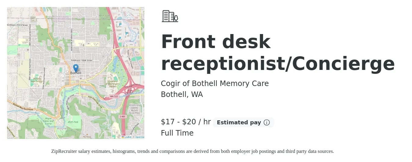 Cogir of Bothell Memory Care job posting for a Front desk receptionist/Concierge in Bothell, WA with a salary of $18 to $21 Hourly with a map of Bothell location.