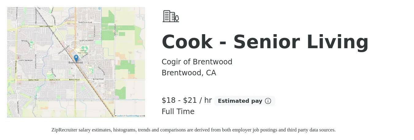 Cogir of Brentwood job posting for a Cook - Senior Living in Brentwood, CA with a salary of $19 to $22 Hourly with a map of Brentwood location.