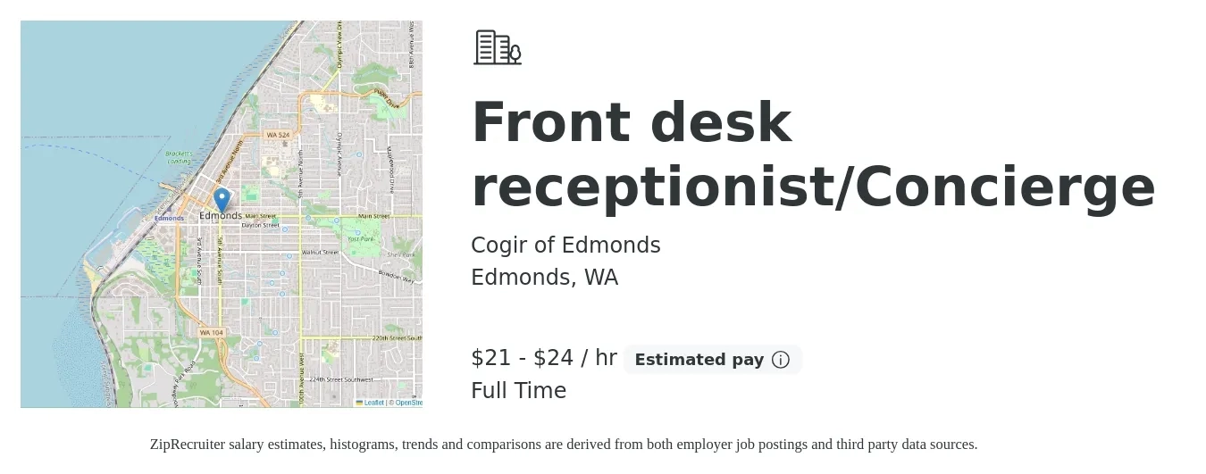 Cogir of Edmonds job posting for a Front desk receptionist/Concierge in Edmonds, WA with a salary of $16 to $20 Hourly with a map of Edmonds location.