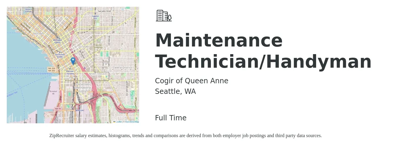 Cogir of Queen Anne job posting for a Maintenance Technician/Handyman in Seattle, WA with a salary of $22 to $30 Hourly with a map of Seattle location.