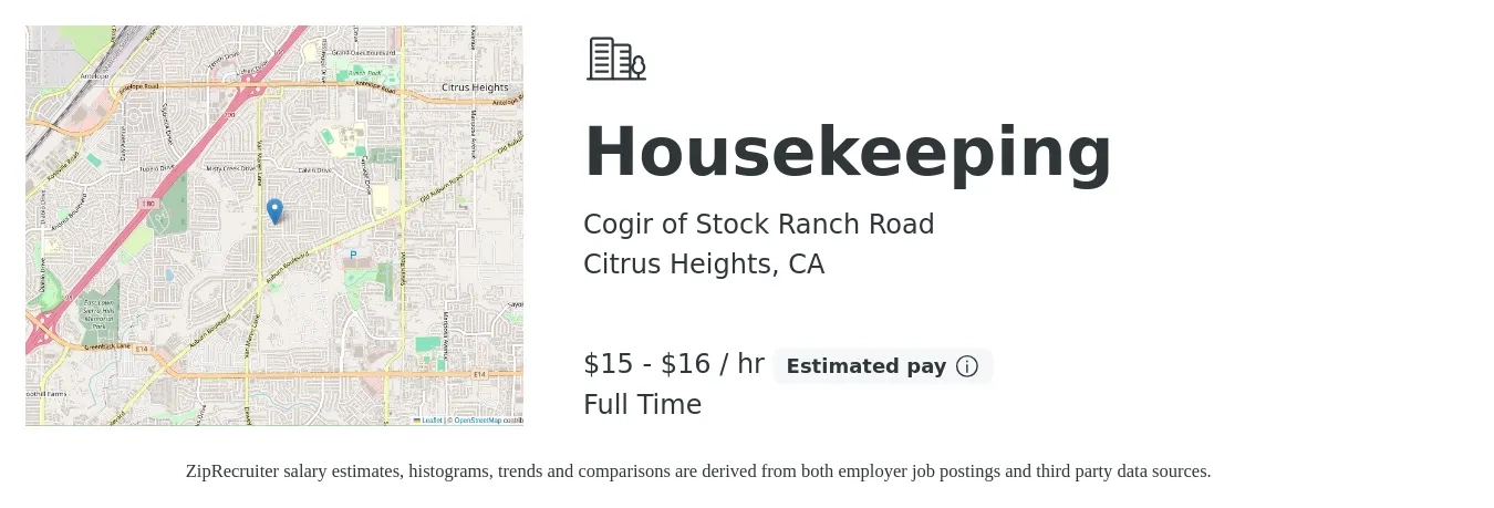 Cogir of Stock Ranch Road job posting for a Housekeeping in Citrus Heights, CA with a salary of $14 to $18 Hourly with a map of Citrus Heights location.