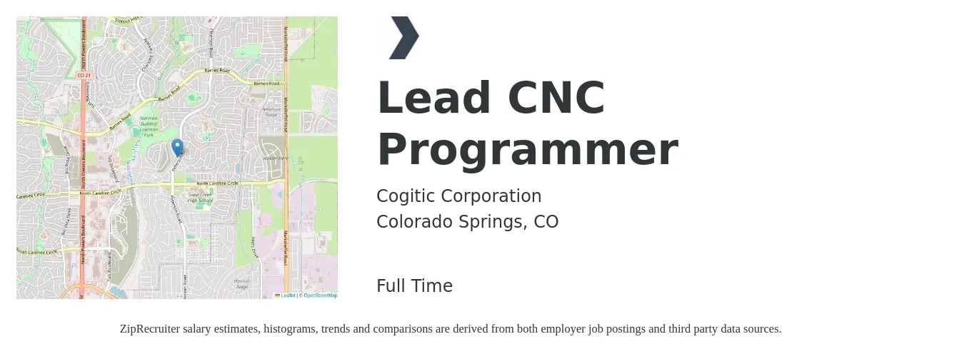 Cogitic Corporation job posting for a Lead CNC Programmer in Colorado Springs, CO with a salary of $35 to $50 Hourly with a map of Colorado Springs location.