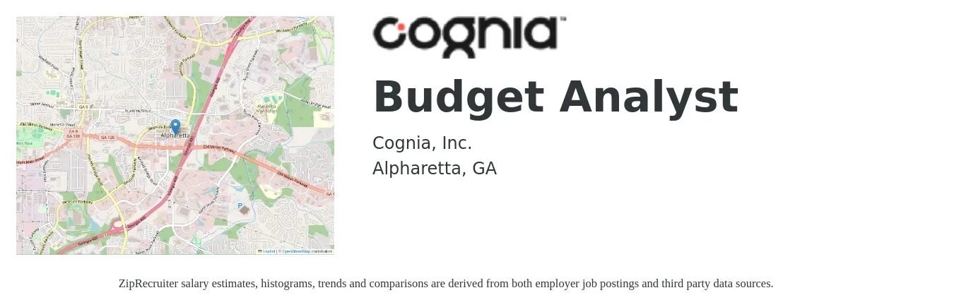 Cognia job posting for a Budget Analyst in Alpharetta, GA with a salary of $58,100 to $96,200 Yearly with a map of Alpharetta location.