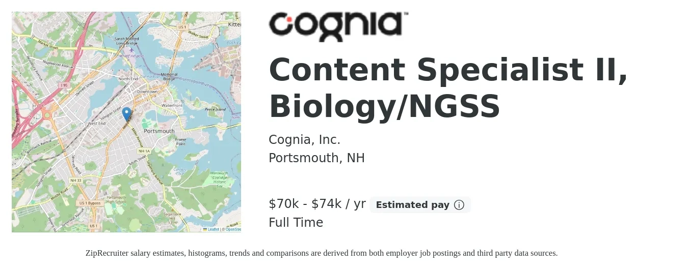 Cognia, Inc. job posting for a Content Specialist II, Biology/NGSS in Portsmouth, NH with a salary of $70,000 to $74,000 Yearly with a map of Portsmouth location.