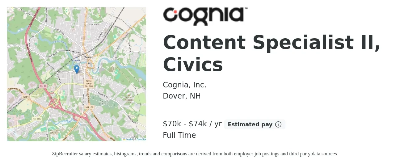 Cognia, Inc. job posting for a Content Specialist II, Civics in Dover, NH with a salary of $70,000 to $74,000 Yearly with a map of Dover location.