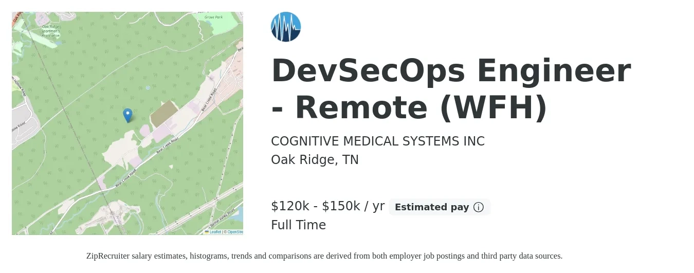 COGNITIVE MEDICAL SYSTEMS INC job posting for a DevSecOps Engineer - Remote (WFH) in Oak Ridge, TN with a salary of $110,000 to $140,000 Yearly with a map of Oak Ridge location.