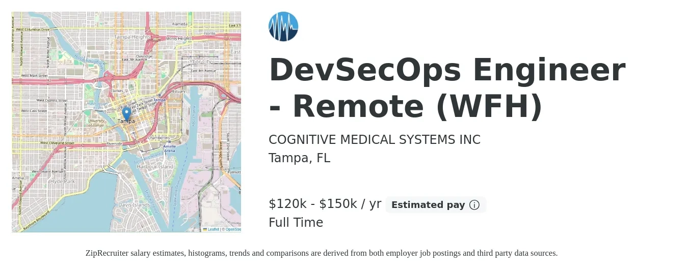 COGNITIVE MEDICAL SYSTEMS INC job posting for a DevSecOps Engineer - Remote (WFH) in Tampa, FL with a salary of $110,000 to $140,000 Yearly with a map of Tampa location.