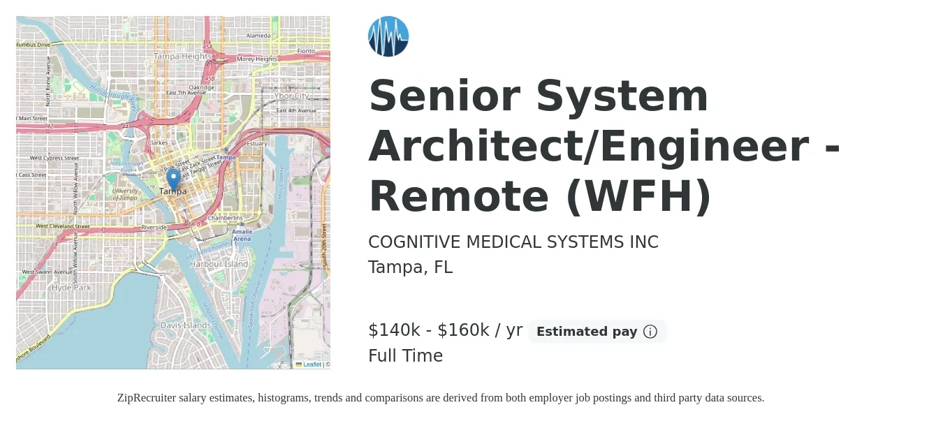 COGNITIVE MEDICAL SYSTEMS INC job posting for a Senior ArcGIS System Architect/Engineer - Remote (WFH) in Tampa, FL with a salary of $140,000 to $160,000 Yearly with a map of Tampa location.