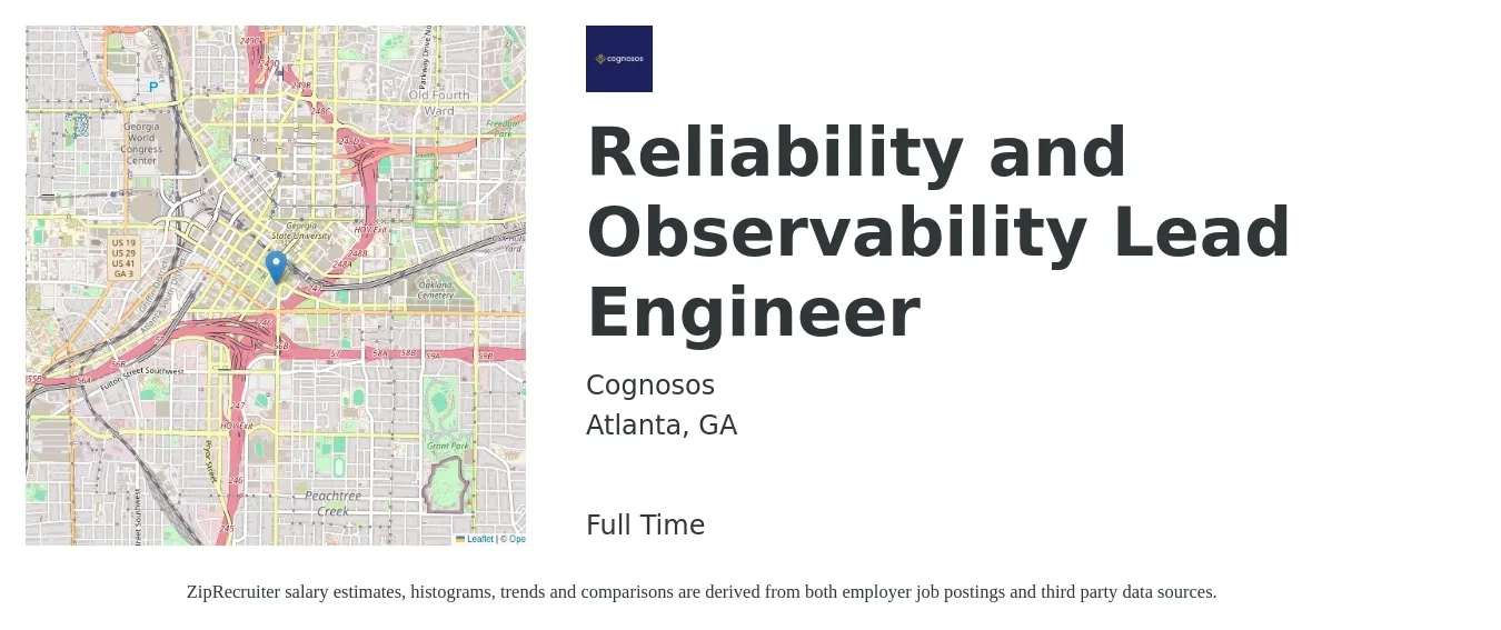 Cognosos job posting for a Reliability and Observability Lead Engineer in Atlanta, GA with a salary of $55 to $73 Hourly with a map of Atlanta location.