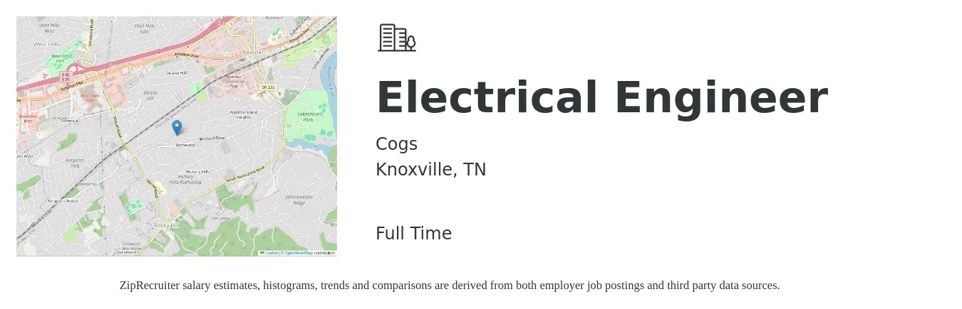 Cogs job posting for a Electrical Engineer in Knoxville, TN with a salary of $110,000 to $130,000 Yearly with a map of Knoxville location.