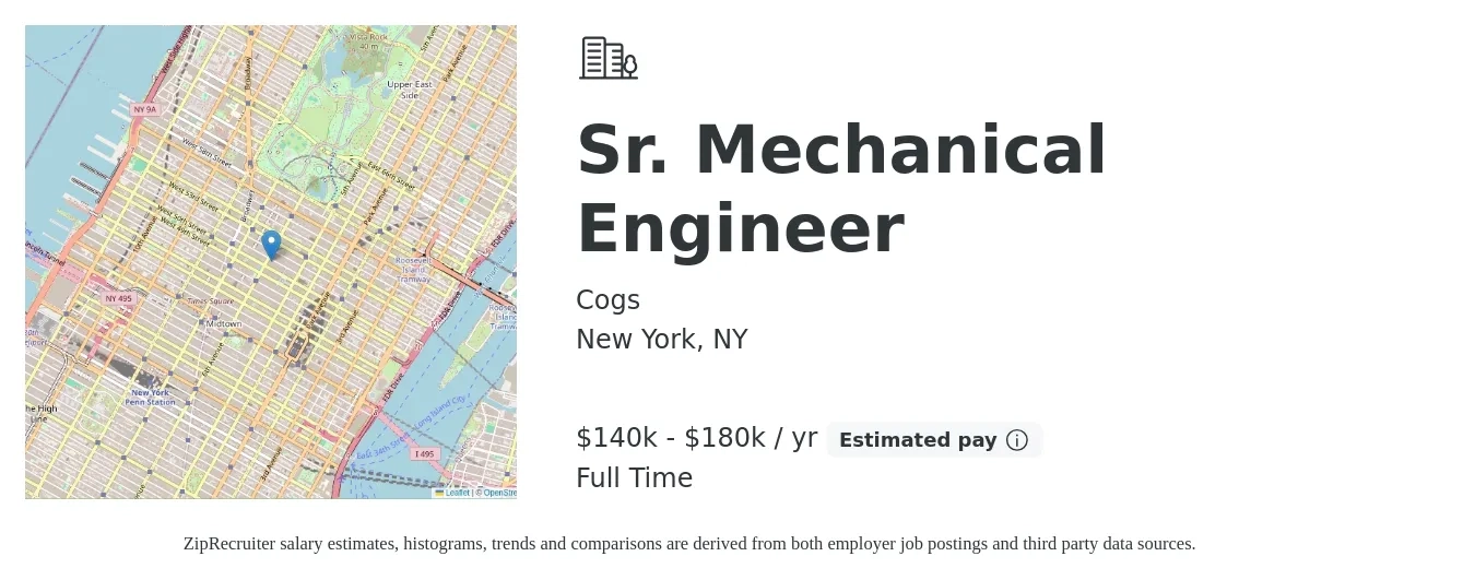 Cogs job posting for a Sr. Mechanical Engineer in New York, NY with a salary of $140,000 to $180,000 Yearly with a map of New York location.